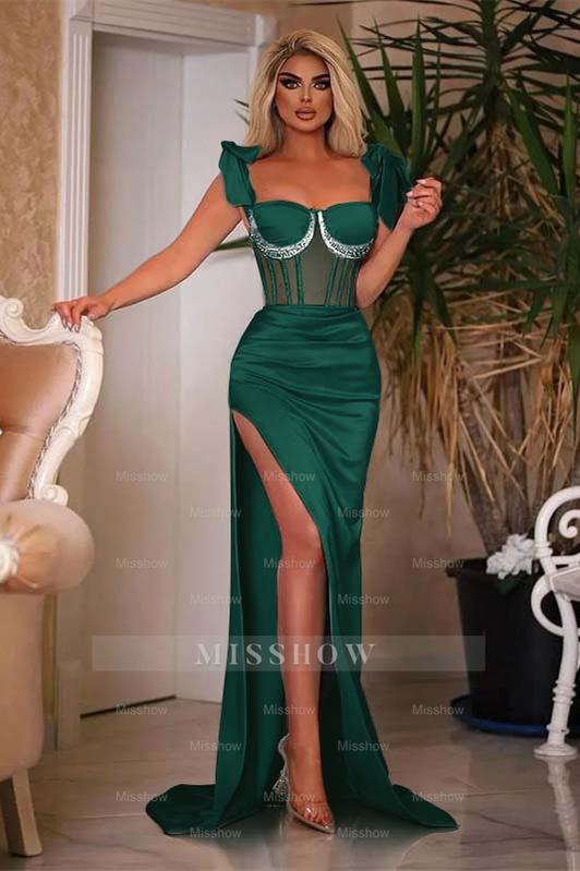 Sky Sweetheart Cap Sleeve Mermaid Satin Ruched Formal Evening Dress with Side Slit