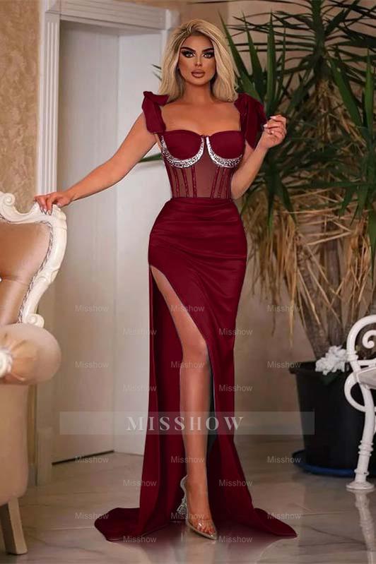Sky Sweetheart Cap Sleeve Mermaid Satin Ruched Formal Evening Dress with Side Slit