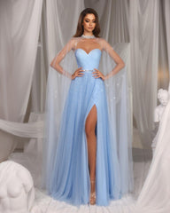 Sky Sweetheart Cape Sleeves A-Line Tulle Rhinestone Floor Length Formal Evening Dress