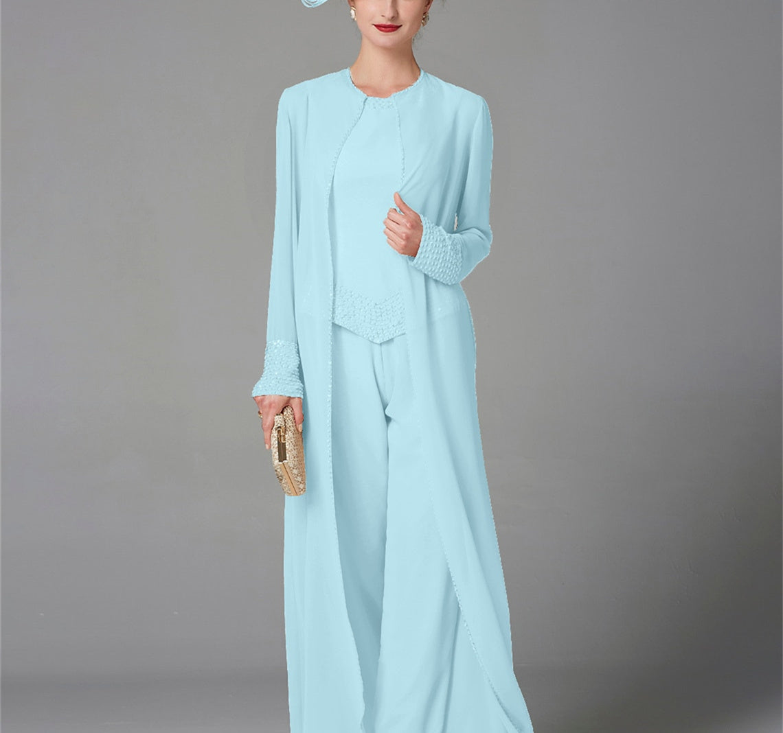 Chiffon Long Sleeves Mother Of The Bride Pantsuits With Jacket Sequins