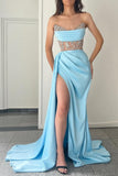 Sky Blue Floor-Length Split Front Strapless Sleeveless Stain Prom Dresses with Ruffles