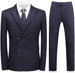 Sleek Black Double Breasted Peak Lapel Striped Business Suit