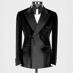 Sleek Black Peaked Lapel Double Breasted Velvet Prom Suit
