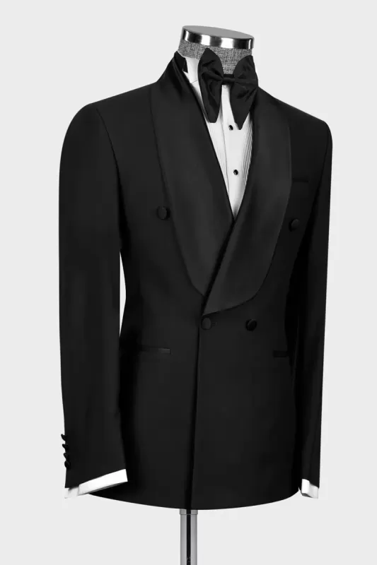 Sleek Black Shawl Lapel Double Breasted Wedding Suit