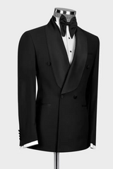 Sleek Black Shawl Lapel Double Breasted Wedding Suit