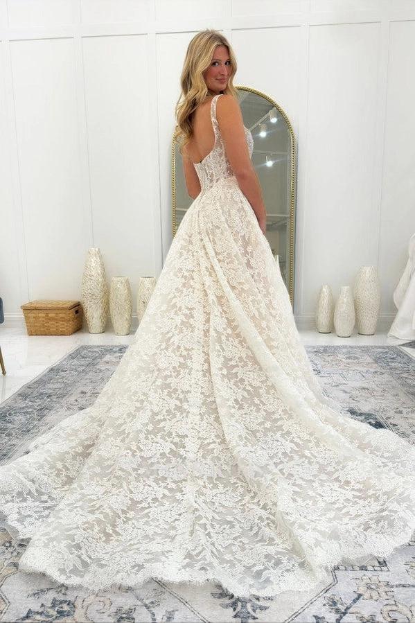 Sleek Ivory A-Line Square Sleeveless Floor-Length Lace Wedding Dress with Appliques