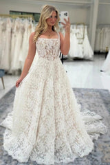 Sleek Ivory A-Line Square Sleeveless Floor-Length Lace Wedding Dress with Appliques