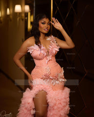 Sleek Long Coral Sweetheart Sleeveless Mermaid Beaded Prom Dress with Ruffles and Slit