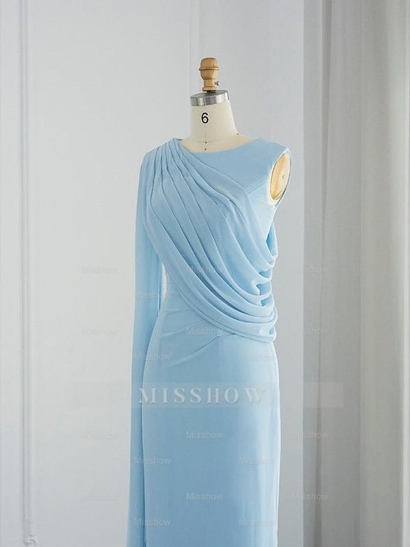 Sleeveless Cowl Neck Chiffon Prom Dress with Feather Ruched Slit and Sheath/Column Sweep/Brush Train