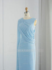 Sleeveless Cowl Neck Chiffon Prom Dress with Feather Ruched Slit and Sheath/Column Sweep/Brush Train