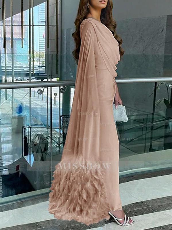 Sleeveless Cowl Neck Chiffon Prom Dress with Feather Ruched Slit and Sheath/Column Sweep/Brush Train
