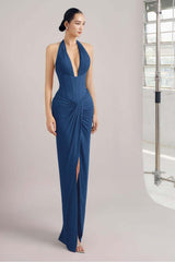 Sleeveless Halter Long Mermaid Split Formal Dress With Pleated