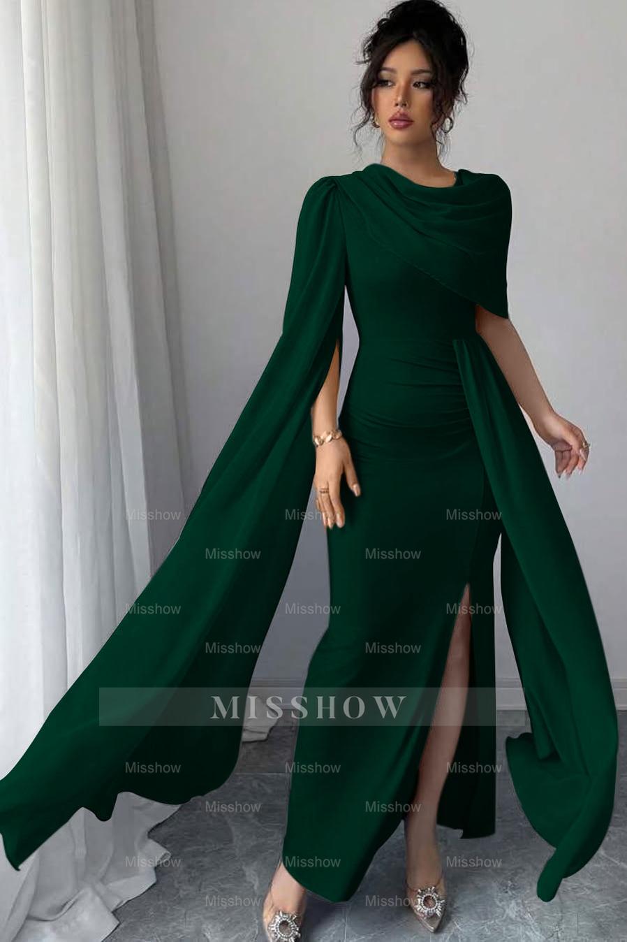 Sleeveless Jewel Neck Long Mermaid Formal Dress With Split Pleated