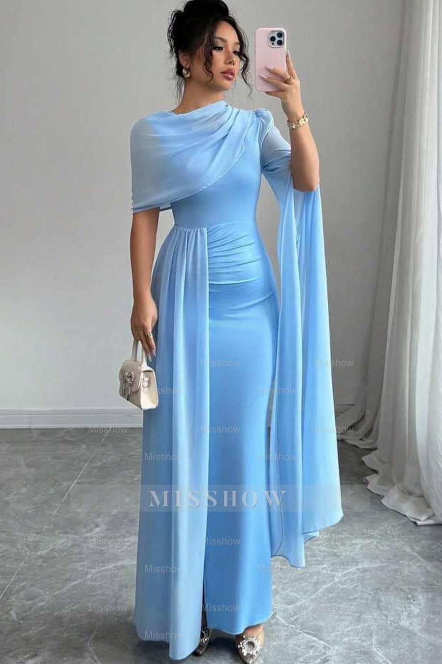 Sleeveless Jewel Neck Long Mermaid Formal Dress With Split Pleated