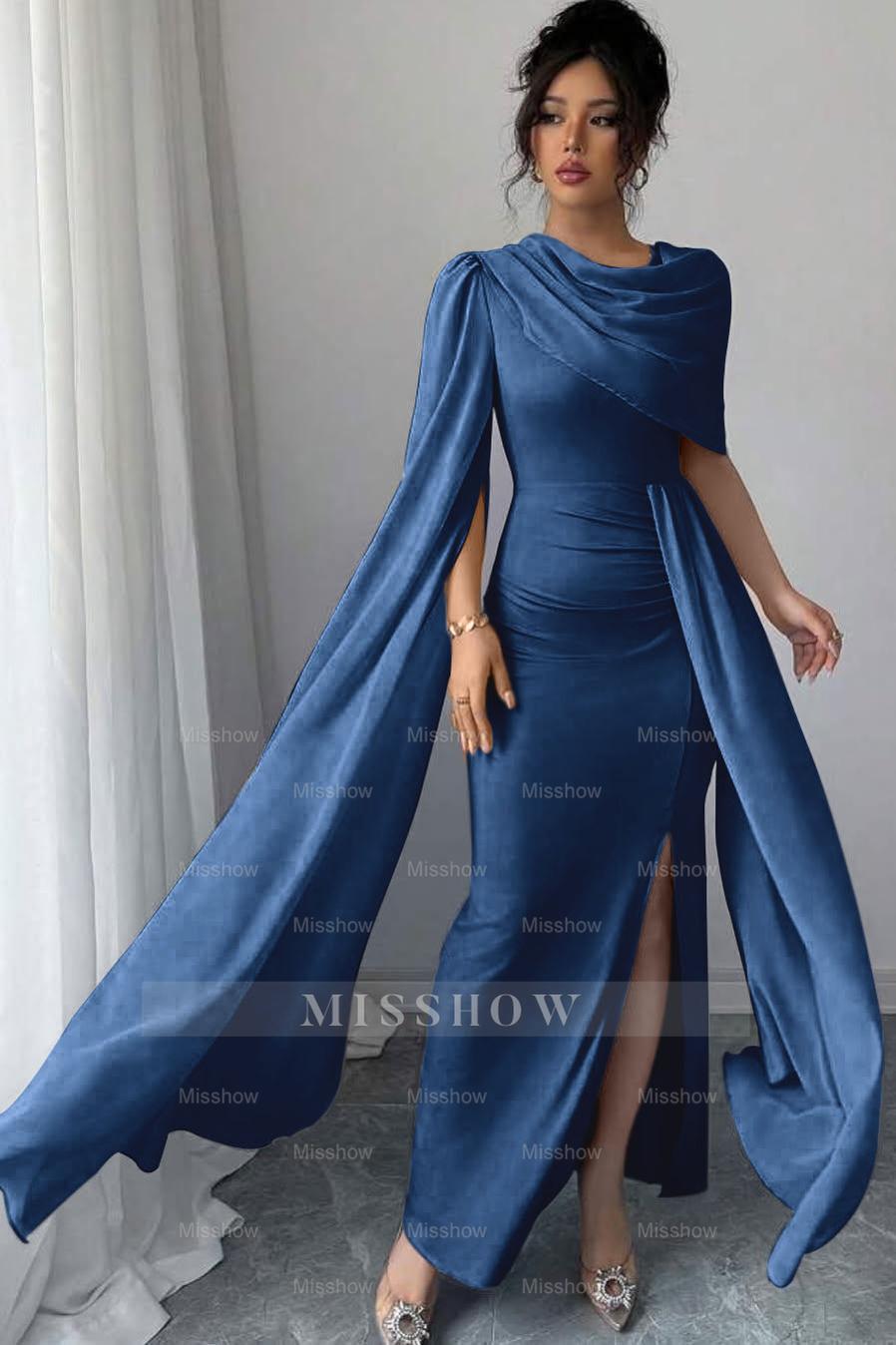 Sleeveless Jewel Neck Long Mermaid Formal Dress With Split Pleated
