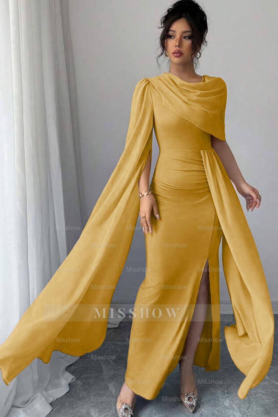 Sleeveless Jewel Neck Long Mermaid Formal Dress With Split Pleated