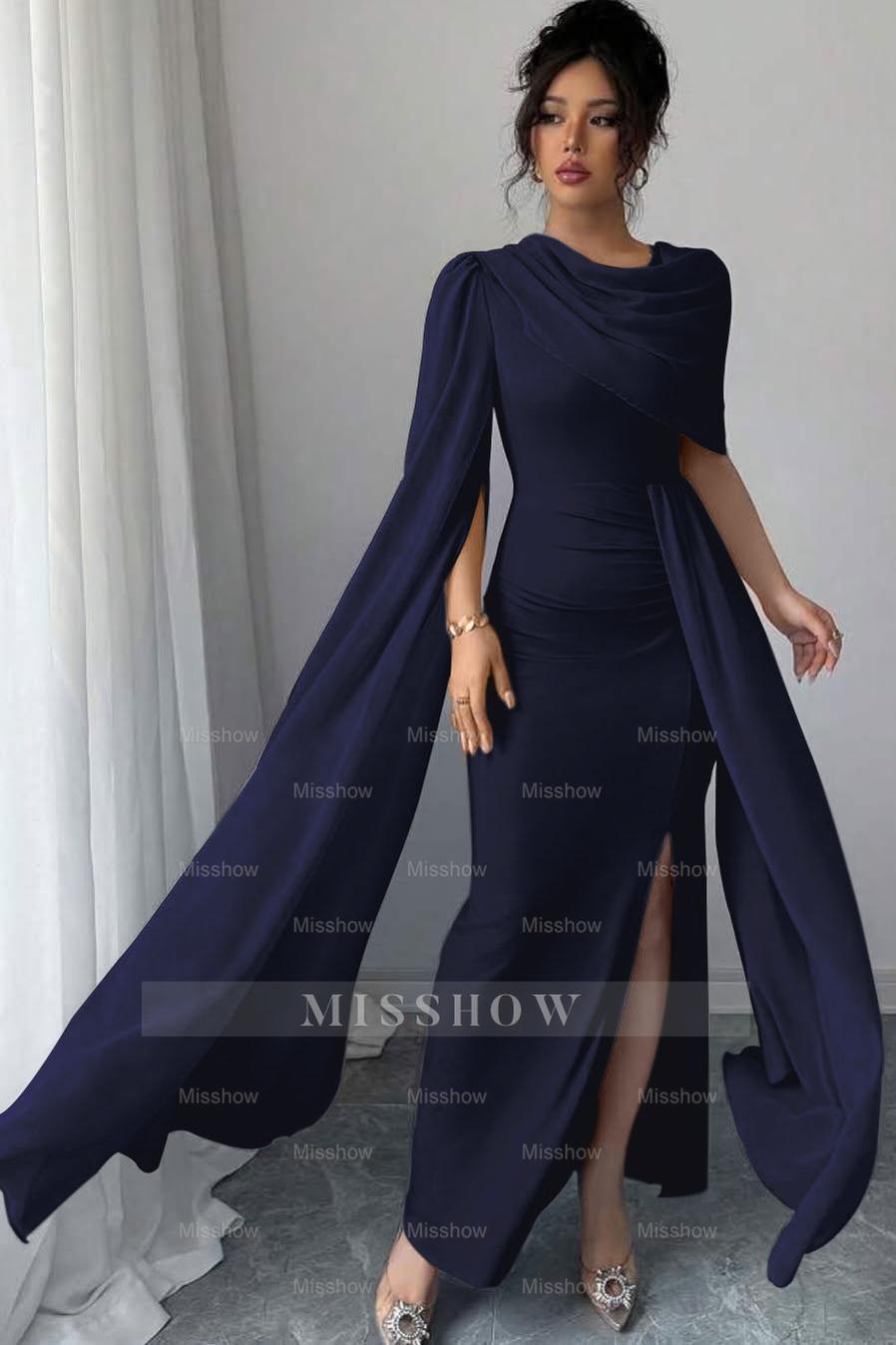 Sleeveless Jewel Neck Long Mermaid Formal Dress With Split Pleated