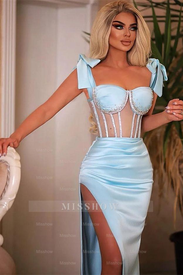 Sleeveless Mermaid Sky Blue Sweetheart Beadings Formal Dress With Side Split
