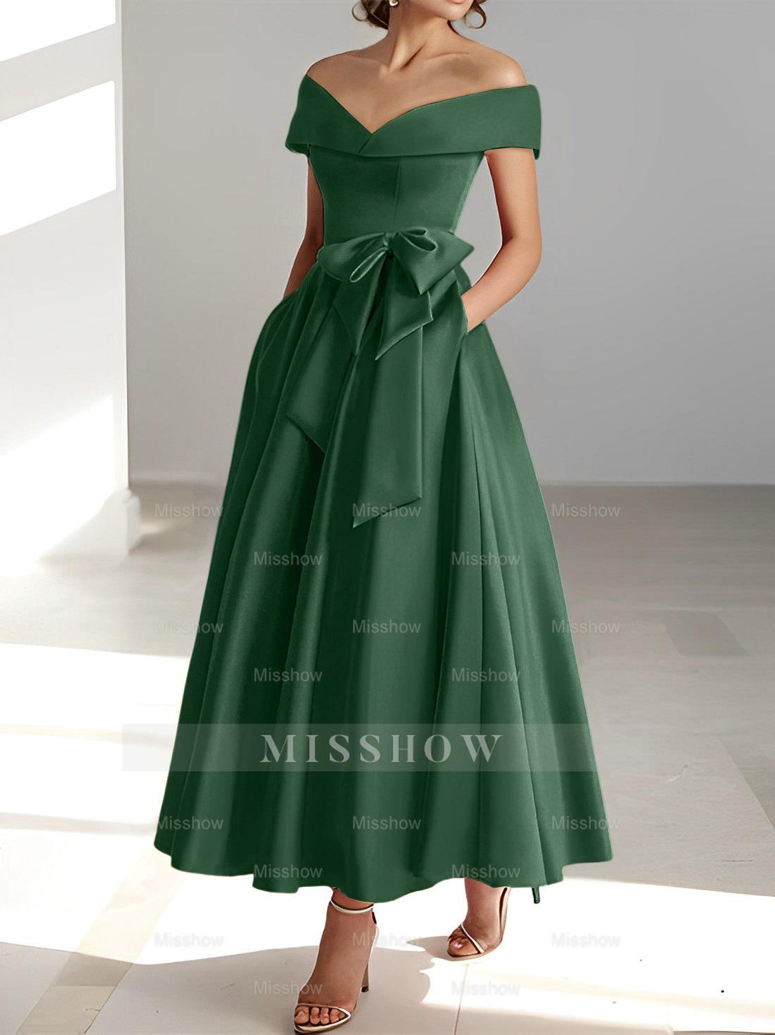 Sleeveless Off-the-Shoulder A-Line/Princess Ankle-Length Mother of the Bride Dresses with Pockets