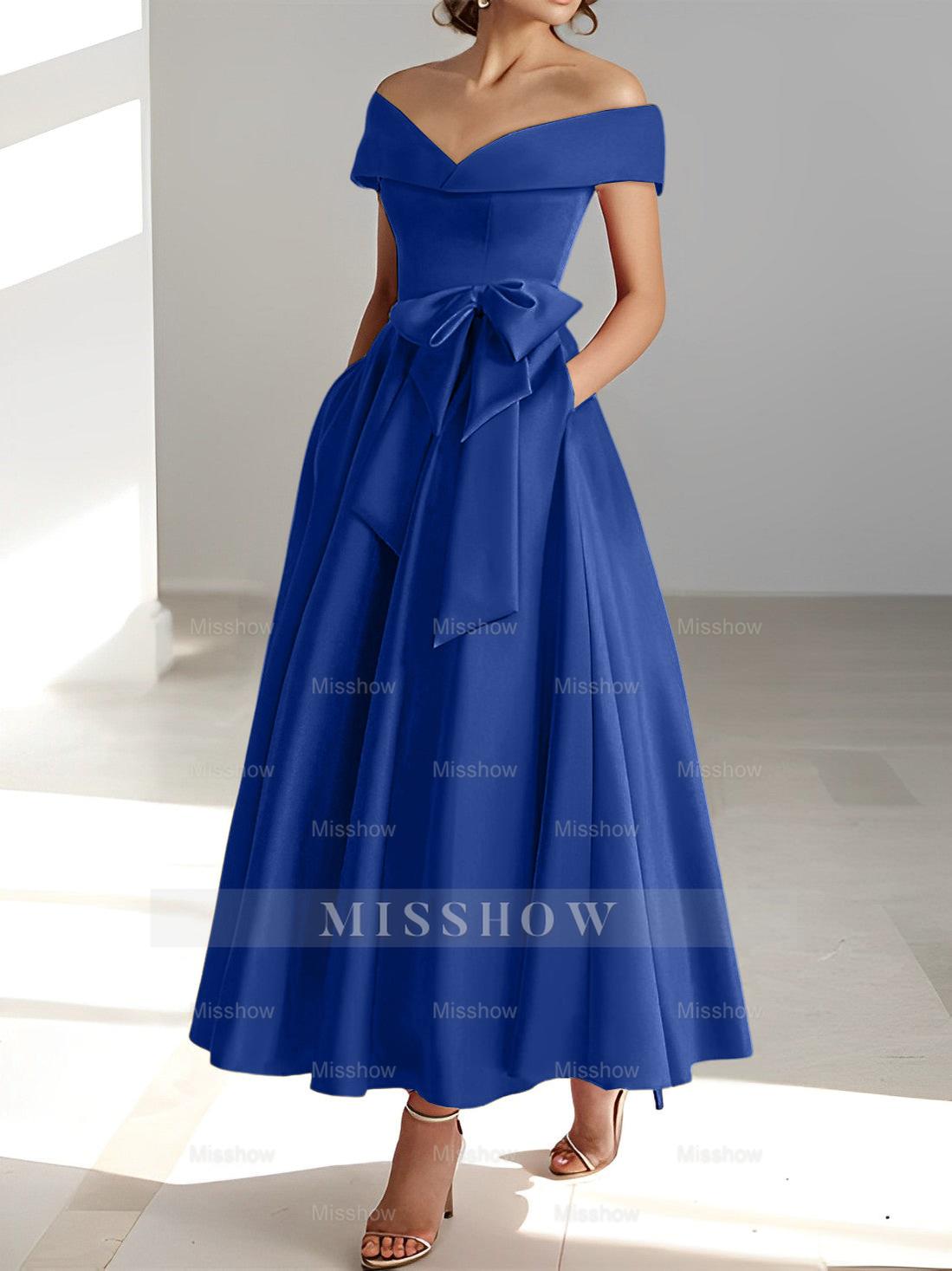 Sleeveless Off-the-Shoulder A-Line/Princess Ankle-Length Mother of the Bride Dresses with Pockets