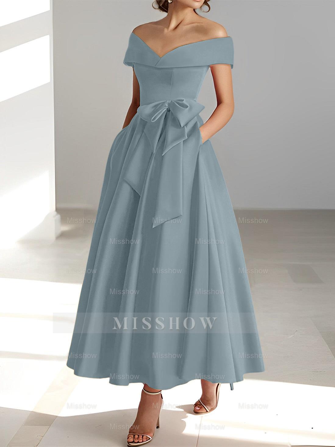 Sleeveless Off-the-Shoulder A-Line/Princess Ankle-Length Mother of the Bride Dresses with Pockets