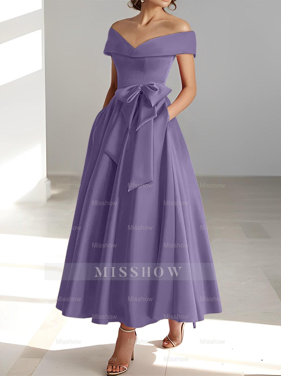 Sleeveless Off-the-Shoulder A-Line/Princess Ankle-Length Mother of the Bride Dresses with Pockets