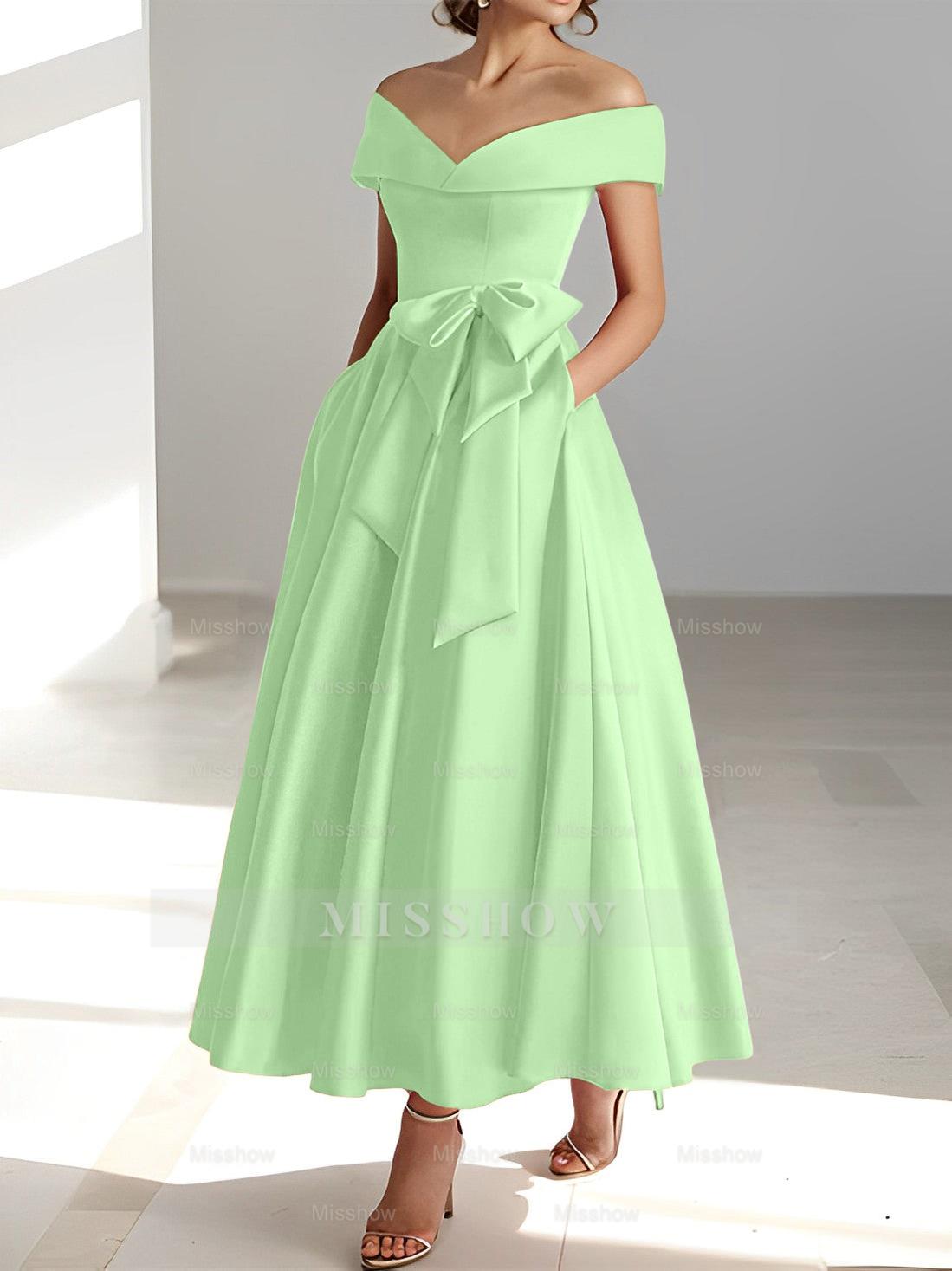 Sleeveless Off-the-Shoulder A-Line/Princess Ankle-Length Mother of the Bride Dresses with Pockets