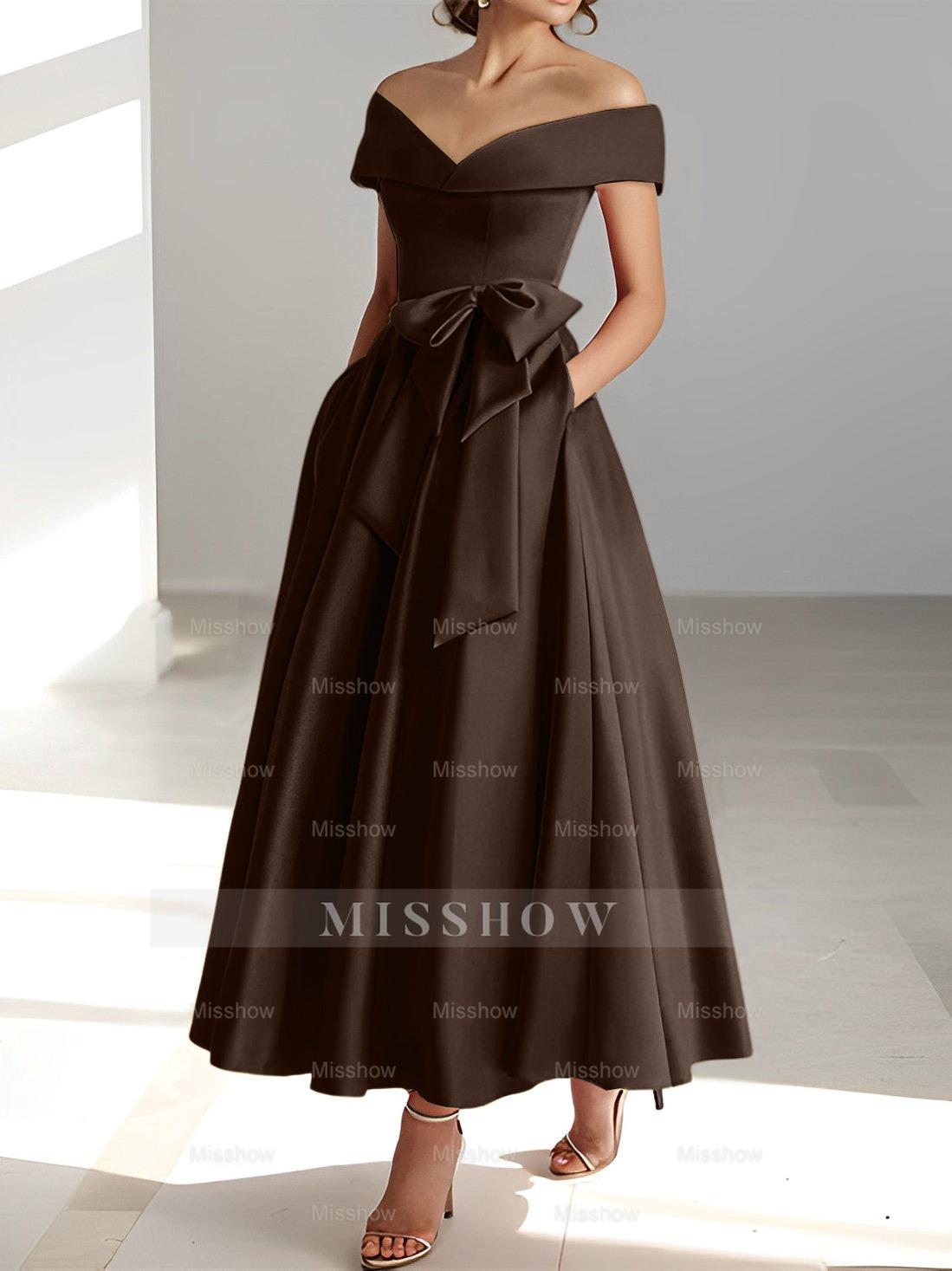 Sleeveless Off-the-Shoulder A-Line/Princess Ankle-Length Mother of the Bride Dresses with Pockets