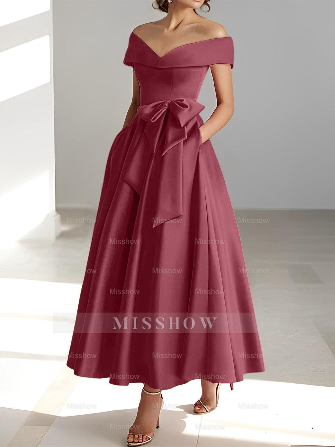 Sleeveless Off-the-Shoulder A-Line/Princess Ankle-Length Mother of the Bride Dresses with Pockets