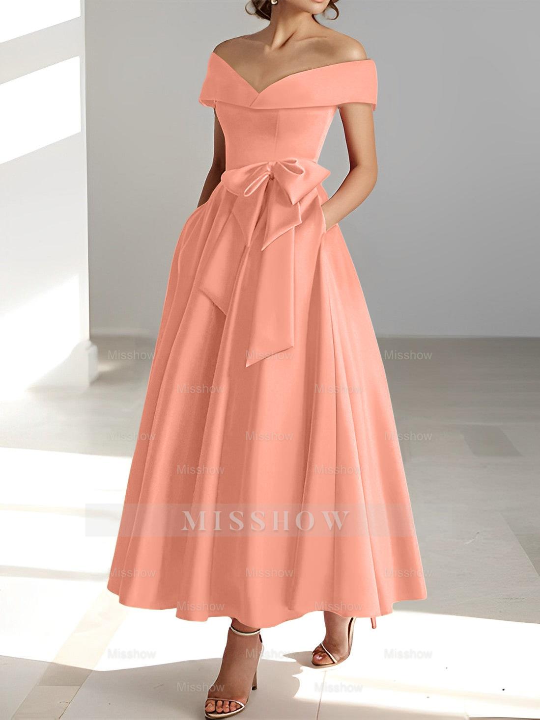 Sleeveless Off-the-Shoulder A-Line/Princess Ankle-Length Mother of the Bride Dresses with Pockets