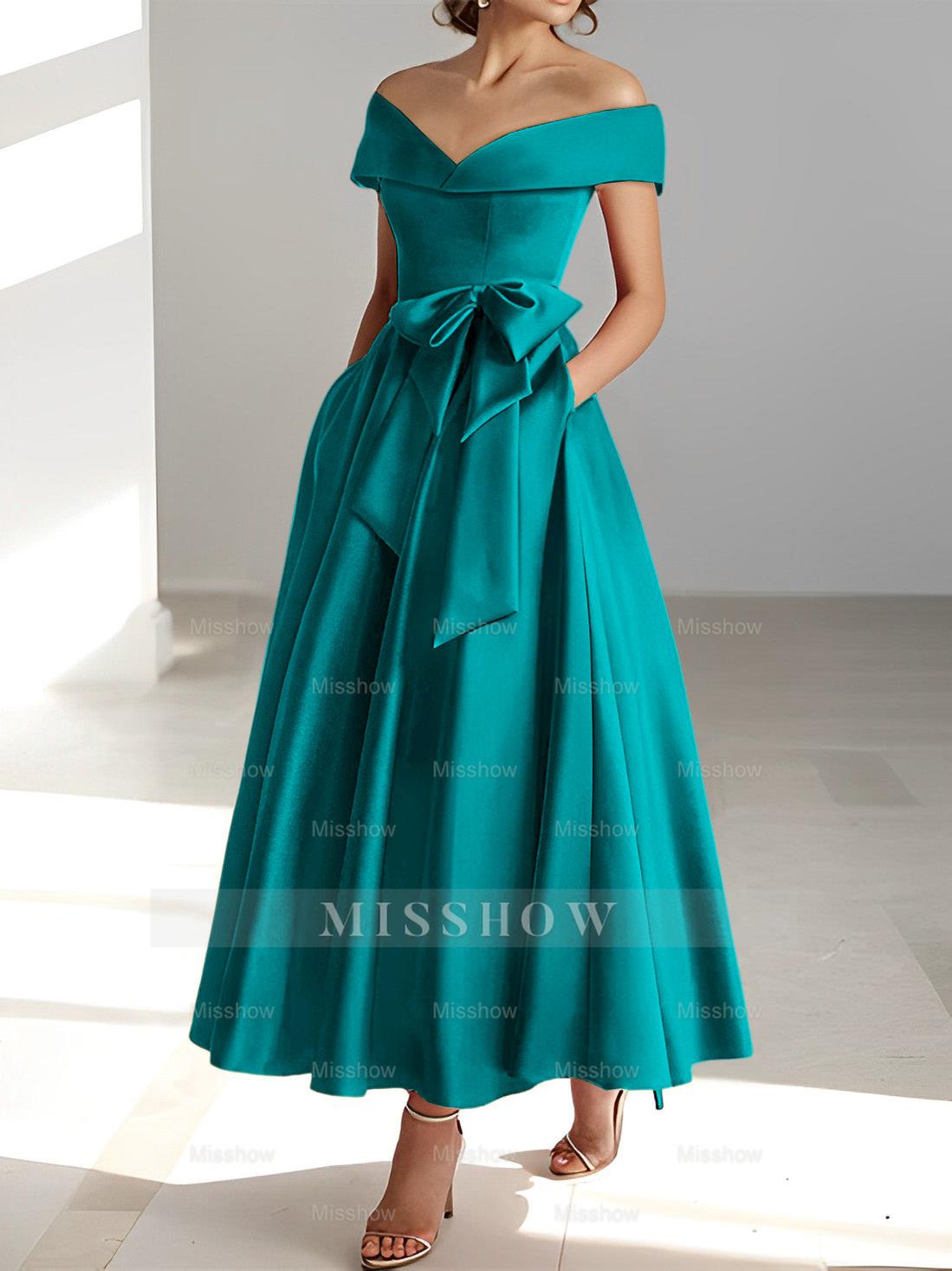 Sleeveless Off-the-Shoulder A-Line/Princess Ankle-Length Mother of the Bride Dresses with Pockets