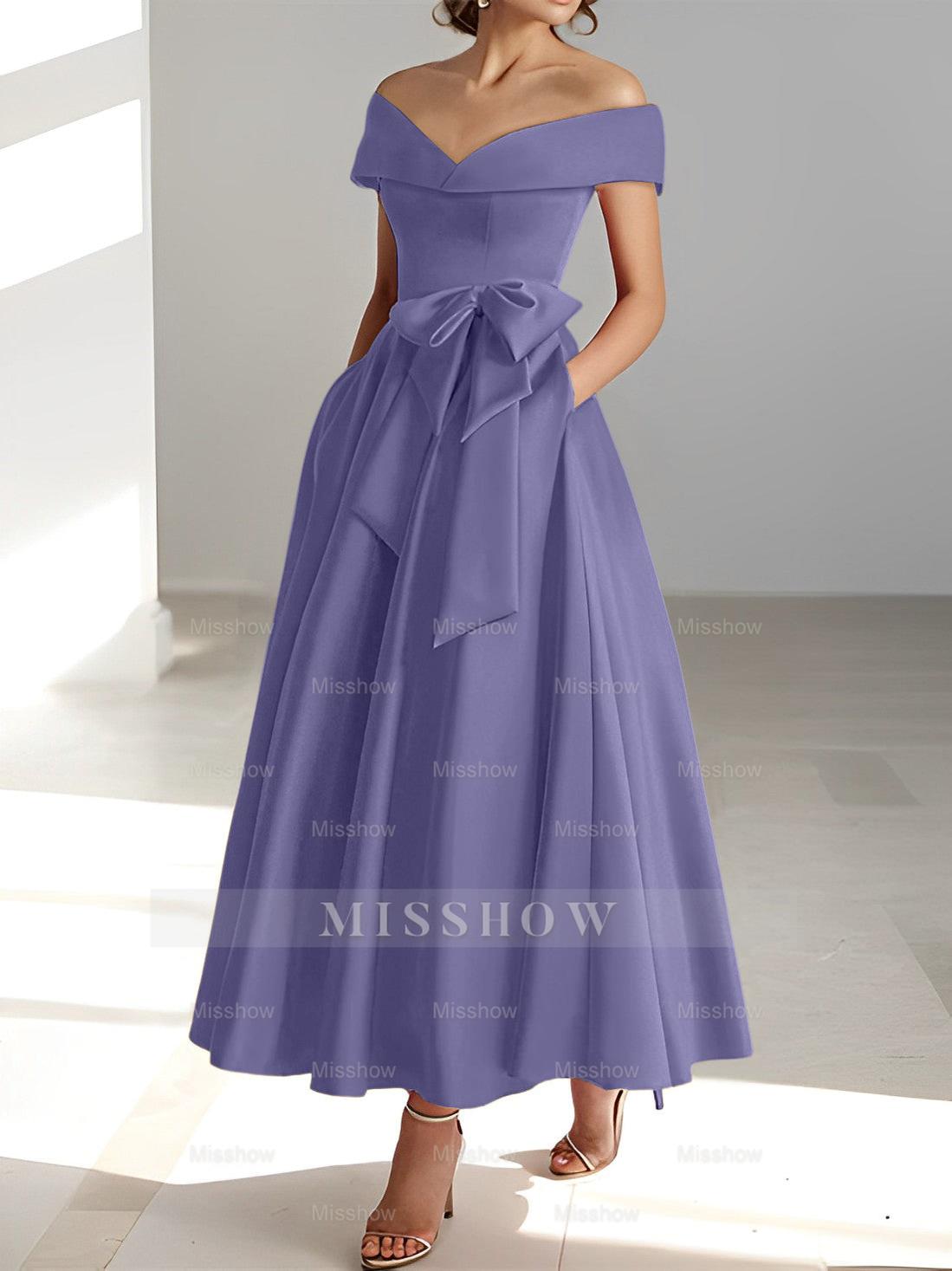 Sleeveless Off-the-Shoulder A-Line/Princess Ankle-Length Mother of the Bride Dresses with Pockets