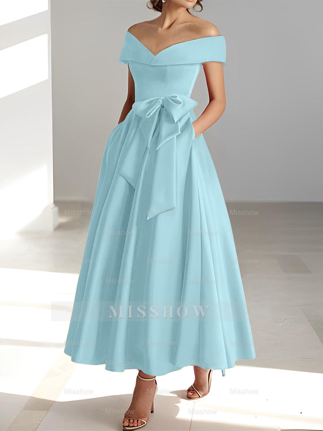 Sleeveless Off-the-Shoulder A-Line/Princess Ankle-Length Mother of the Bride Dresses with Pockets