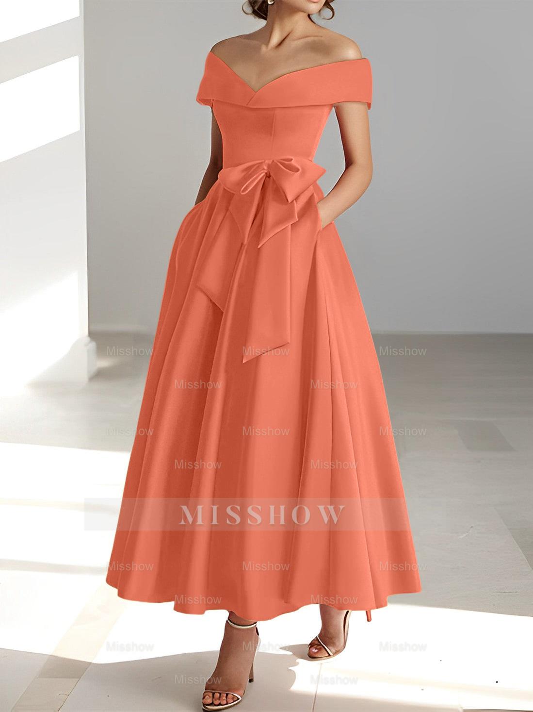 Sleeveless Off-the-Shoulder A-Line/Princess Ankle-Length Mother of the Bride Dresses with Pockets
