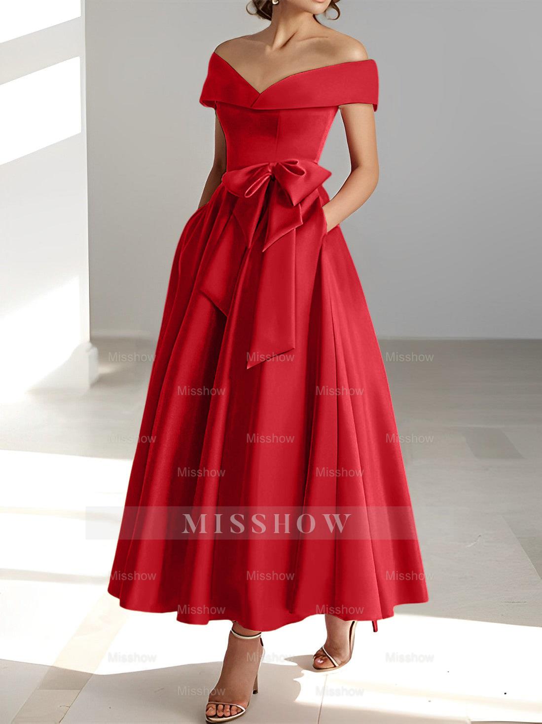 Sleeveless Off-the-Shoulder A-Line/Princess Ankle-Length Mother of the Bride Dresses with Pockets