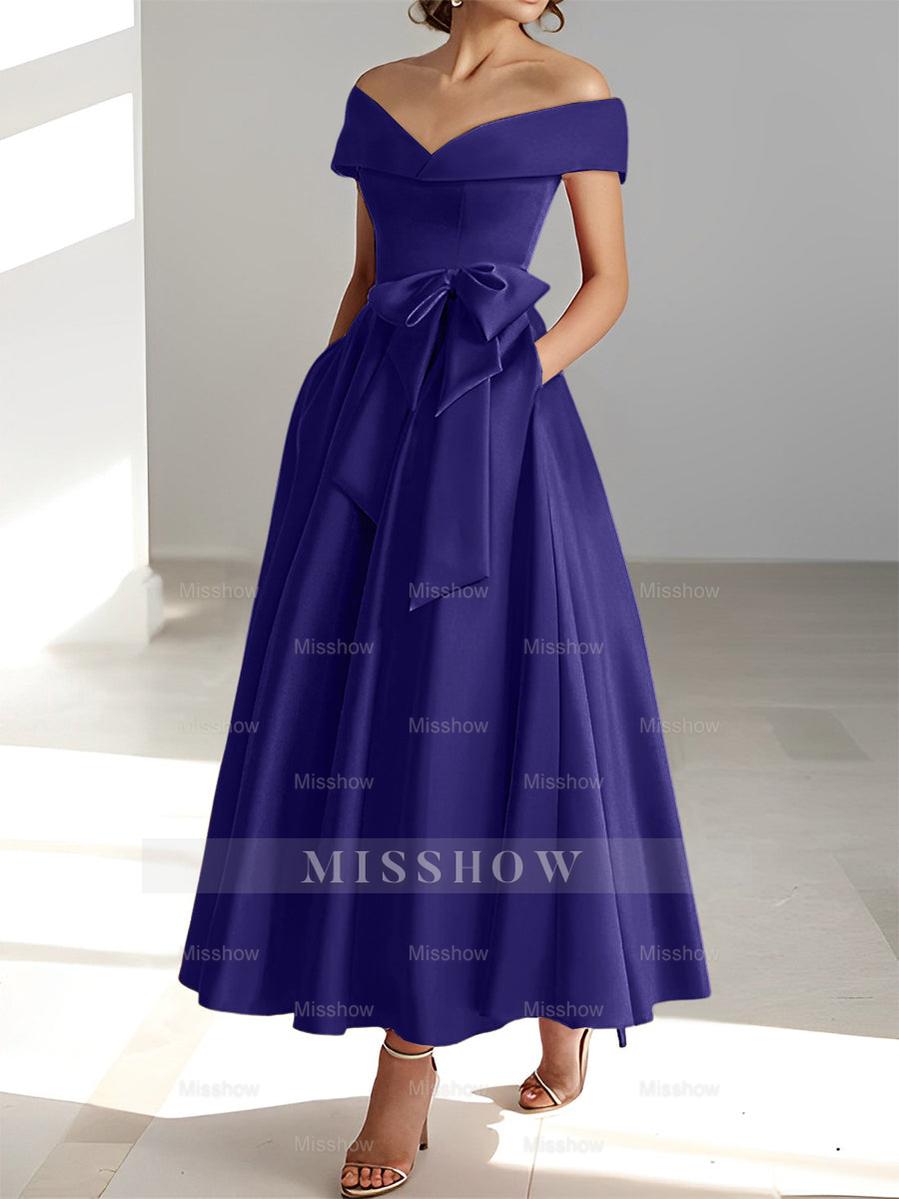 Sleeveless Off-the-Shoulder A-Line/Princess Ankle-Length Mother of the Bride Dresses with Pockets