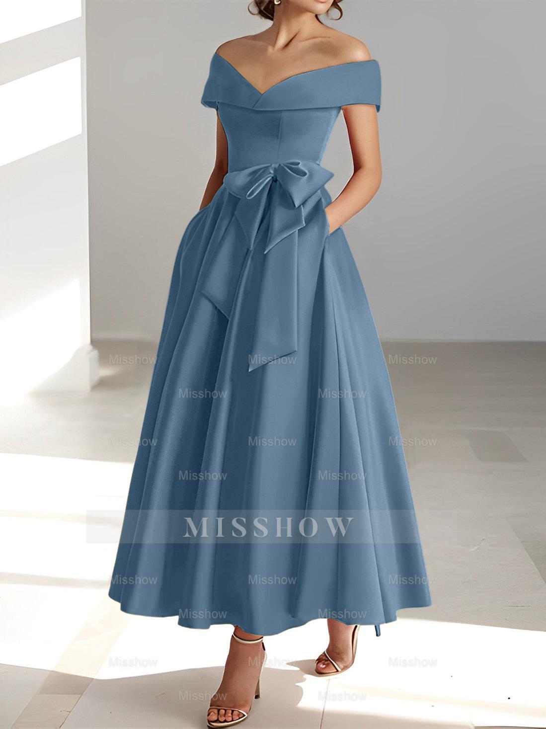 Sleeveless Off-the-Shoulder A-Line/Princess Ankle-Length Mother of the Bride Dresses with Pockets