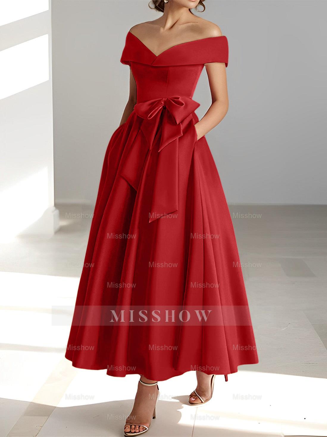 Sleeveless Off-the-Shoulder A-Line/Princess Ankle-Length Mother of the Bride Dresses with Pockets