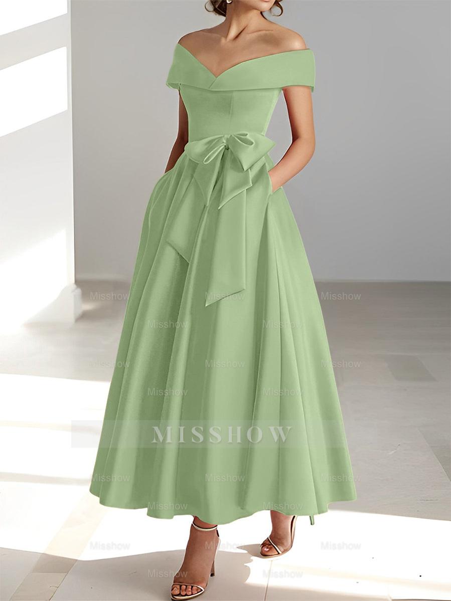Sleeveless Off-the-Shoulder A-Line/Princess Ankle-Length Mother of the Bride Dresses with Pockets