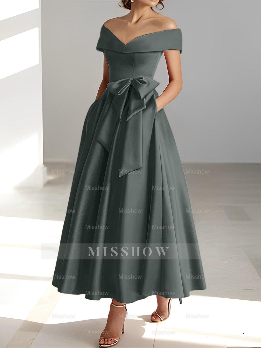 Sleeveless Off-the-Shoulder A-Line/Princess Ankle-Length Mother of the Bride Dresses with Pockets