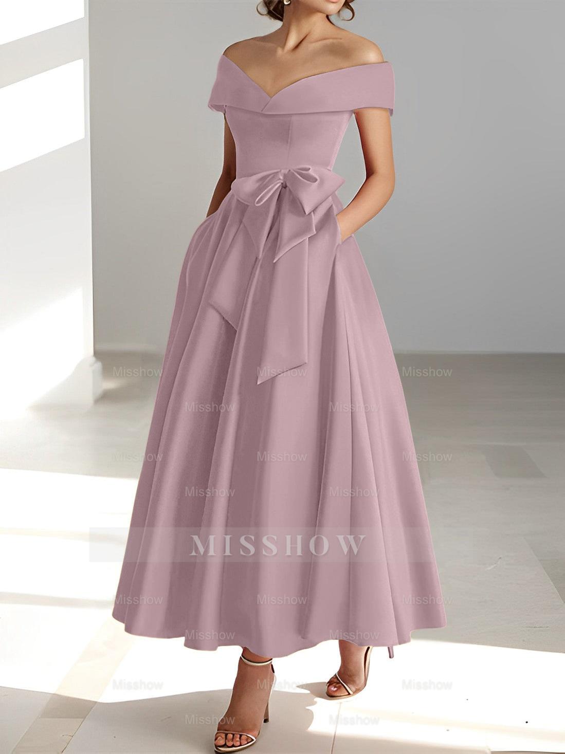 Sleeveless Off-the-Shoulder A-Line/Princess Ankle-Length Mother of the Bride Dresses with Pockets