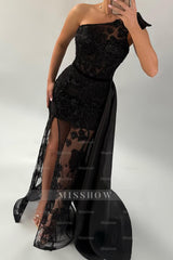 Sleeveless One Shoulder Long Mermaid Split Formal Dress With Appliques