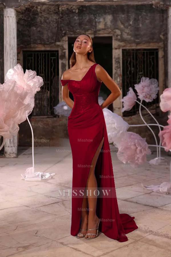 Sleeveless One Shoulder Long Split Formal Dress With Pleated Sequin