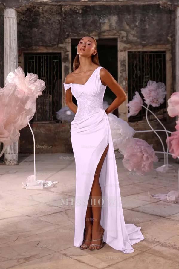 Sleeveless One Shoulder Long Split Formal Dress With Pleated Sequin