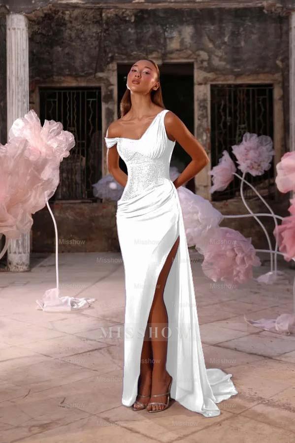 Sleeveless One Shoulder Long Split Formal Dress With Pleated Sequin