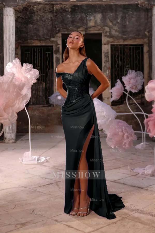 Sleeveless One Shoulder Long Split Formal Dress With Pleated Sequin