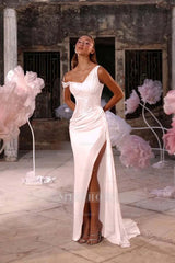 Sleeveless One Shoulder Long Split Formal Dress With Pleated Sequin