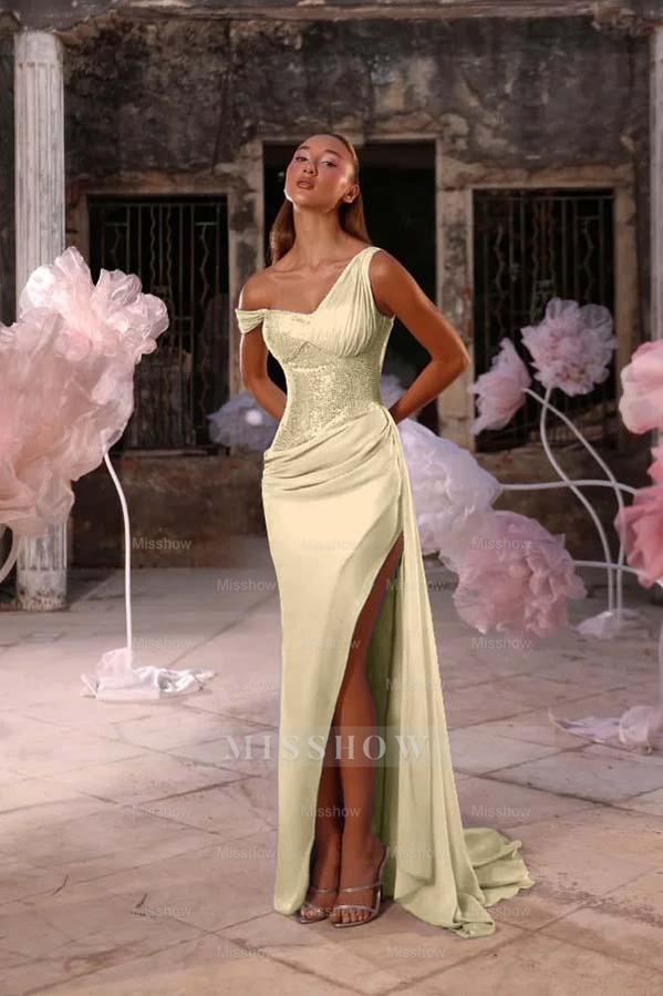 Sleeveless One Shoulder Long Split Formal Dress With Pleated Sequin