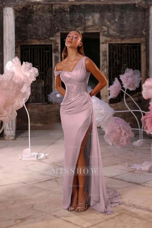 Sleeveless One Shoulder Long Split Formal Dress With Pleated Sequin