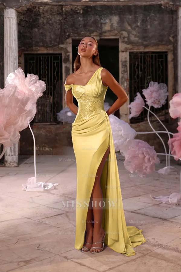 Sleeveless One Shoulder Long Split Formal Dress With Pleated Sequin